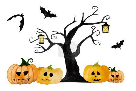 Photo for Halloween art watercolor illustration with pumpkin, bats and creepy tree for postcard decoration. Spooky autumn holiday drawing - Royalty Free Image