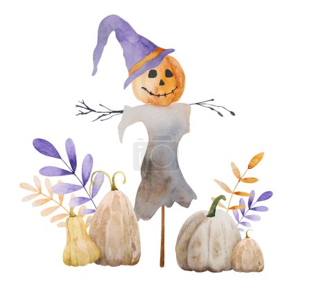 Téléchargez les photos : Épouvantail effrayant d'Halloween avec la tête de citrouille et la peinture à l'aquarelle de texte de boo pour la conception de carte postale. Illustration effrayante des vacances d'automne - en image libre de droit