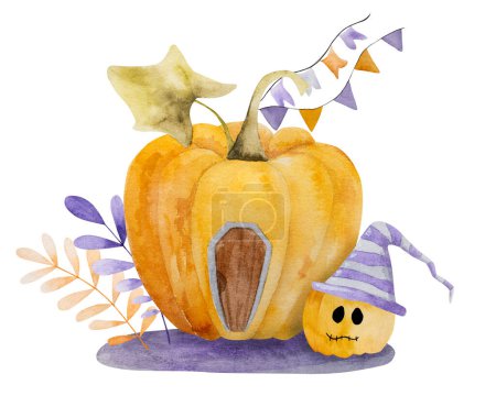 Foto de Calabaza de Halloween acuarela pintura para el diseño de tarjetas postales. Dibujo de vacaciones de otoño espeluznante para truco y tratar la noche con vegetales de naranja - Imagen libre de derechos