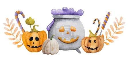 Photo for Halloween pumpkins and pot with lollipops watercolor illustration. Creepy autumn holiday art drawing for postcard design - Royalty Free Image