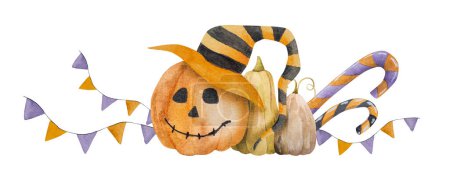 Foto de Calabaza de Halloween con sombrero con piruletas pintura acuarela para el diseño de tarjetas postales. Dibujo de vacaciones de otoño espeluznante para truco y tratar la noche - Imagen libre de derechos