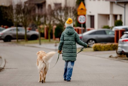 Téléchargez les photos : Preteen child girl walking with golden retriever dog at autumn city street wearing hat and warm jacket, view from back. Pretty kid with purebred pet doggy labrador outdoors - en image libre de droit