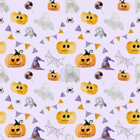 Téléchargez les photos : Citrouille d'Halloween avec peinture aquarelle fantôme motif sans couture. Dessin effrayant de vacances d'automne pour le truc et traiter les légumes orange nuit esprit - en image libre de droit