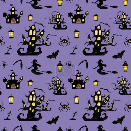Photo for Halloween tree house with ghosts, bats and witches watercolor art seamless pattern. Creepy autumn holiday drawing - Royalty Free Image