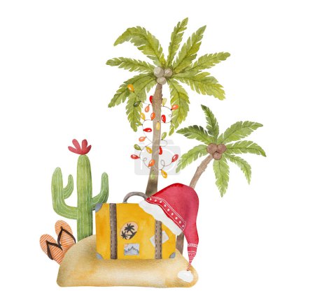 Téléchargez les photos : Caraïbes Joyeux Noël aquarelle peinture avec palmiers arbre de Noël, cactus et chapeau de Père Noël. Carte postale du Nouvel An Tropical Beach - en image libre de droit