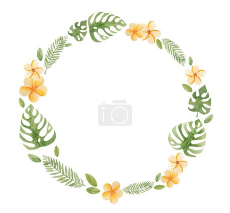 Foto de Corona tropical de verano con hojas exóticas y plumeria pintura de acuarela de flores para postal con copyspace. Adorno botánico para el diseño - Imagen libre de derechos