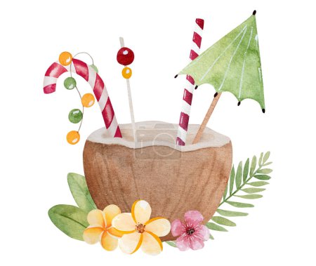 Téléchargez les photos : Caraïbes joyeux noël aquarelle peinture avec coctail de noix de coco et décoration festive de Noël. Plage tropicale nouvelle boisson de l'année avec des bonbons sucette - en image libre de droit