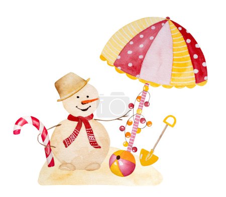 Téléchargez les photos : Caraïbes joyeux Noël aquarelle peinture avec bonhomme de neige drôle, parasol et décoration festive. Carte postale tropicale du nouvel an avec gnome - en image libre de droit