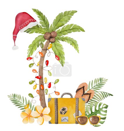 Téléchargez les photos : Caraïbes Joyeux Noël aquarelle peinture avec palmiers arbre de Noël, cactus et chapeau de Père Noël. Carte postale du Nouvel An Tropical Beach - en image libre de droit