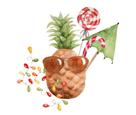 Téléchargez les photos : Caraïbes joyeux noël ananas aquarelle peinture avec sucette traditionnelle et parasol. Nouvelle année tropicale carte postale de Noël - en image libre de droit