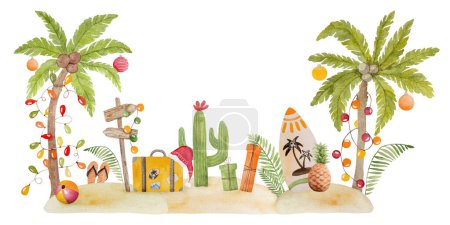 Foto de Caribe alegre pintura acuarela de Navidad con palmera de Navidad, cactus y tabla de surf en la arena. Playa tropical postal de año nuevo - Imagen libre de derechos