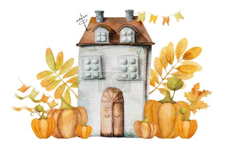 Téléchargez les photos : Maison de dessin animé d'automne avec feuilles de chêne, champignons et glands aquarelle peinture. Théière d'automne maison avec décoration de feuillage - en image libre de droit