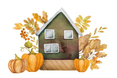 Téléchargez les photos : Maison de dessin animé d'automne avec feuilles de chêne, champignons et glands aquarelle peinture. Théière d'automne maison avec décoration de feuillage - en image libre de droit