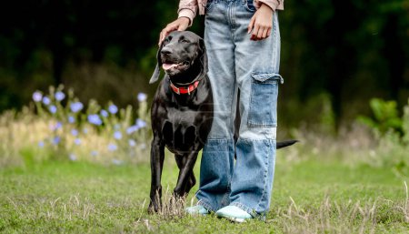 Foto de Chica en jeans con perro negro golden retriever en el primer plano de la naturaleza. Niño lindo usando pantalones con labrador perrito de pura raza mascota juntos en la hierba - Imagen libre de derechos