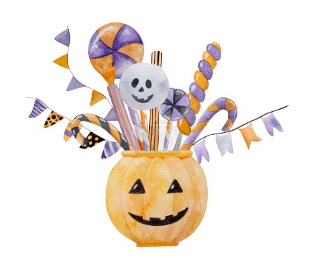 Téléchargez les photos : Citrouille d'Halloween avec sucettes traditionnelles et peinture à l'aquarelle de décoration. Dessin effrayant de vacances d'automne pour le tour et traiter la nuit - en image libre de droit
