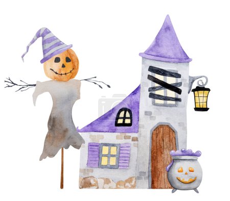 Téléchargez les photos : Épouvantail effrayant d'Halloween avec tête de citrouille et peinture aquarelle de maison fantôme pour la conception de carte postale. Illustration effrayante des vacances d'automne - en image libre de droit