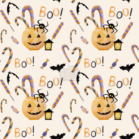 Téléchargez les photos : Citrouille d'Halloween avec sucettes traditionnelles et peinture à l'aquarelle chauve-souris motif sans couture. Dessin effrayant de vacances d'automne pour le tour et traiter la nuit - en image libre de droit