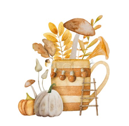 Téléchargez les photos : Récolte d'automne à la citrouille avec champignons et feuilles d'automne en peinture aquarelle tasse. Illustration d'automne avec halobetween orange légumes et tasse - en image libre de droit