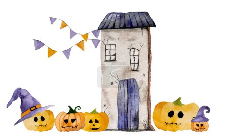 Téléchargez les photos : Illustration aquarelle d'art d'Halloween avec maison fantôme et citrouille pour la décoration de carte postale. Spooky dessin de vacances d'automne - en image libre de droit