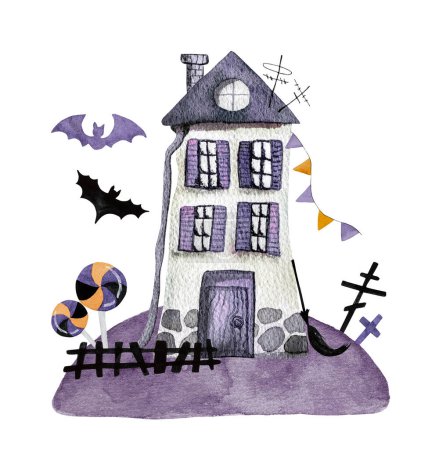 Téléchargez les photos : Maison d'Halloween avec chauves-souris et sucette aquarelle art. Dessin effrayant de vacances d'automne avec la maison fantôme mystère - en image libre de droit
