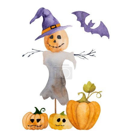 Téléchargez les photos : Épouvantail effrayant d'Halloween avec tête de citrouille et peinture à l'aquarelle de chauves-souris pour la conception de carte postale. Illustration effrayante des vacances d'automne - en image libre de droit