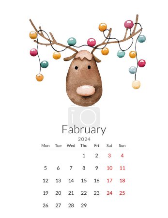 Téléchargez les photos : Modèle de calendrier février 2024. Aquarelle faite à la main - cerf du Nouvel An avec une guirlande sur ses cornes - en image libre de droit