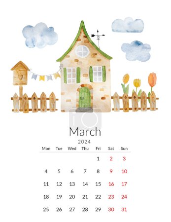 Photo for March 2024 calendar. Handmade watercolor - spring street with a house, fence and birdhouse - Royalty Free Image