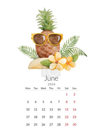 Photo for June 2024 calendar template. Handmade watercolor - tropical illustration with pineapple in glasses and tropical leaves - Royalty Free Image