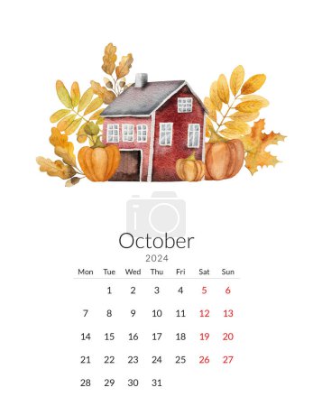 Téléchargez les photos : Octobre 2024 modèle de calendrier. Aquarelle artisanale - illustration d'automne avec citrouilles et une maison - en image libre de droit