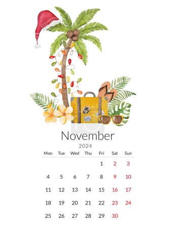 Téléchargez les photos : Novembre 2024 modèle de calendrier. Aquarelle artisanale - illustration tropicale avec des palmiers chapeau du Nouvel An et une valise - en image libre de droit