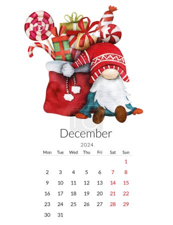 Foto de Diciembre 2024 plantilla de calendario. Acuarela hecha a mano - Gnomo de Navidad con una bolsa de regalo - Imagen libre de derechos