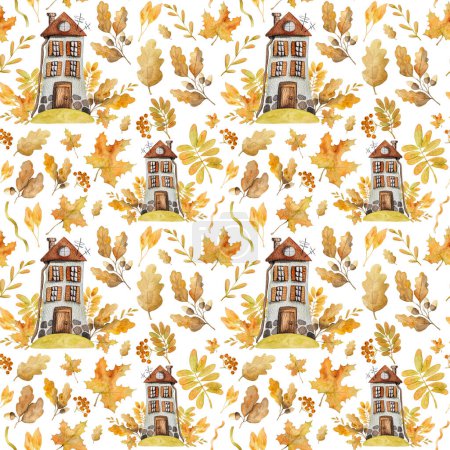 Photo for Seamless patterns hand-painted in watercolor. Adorable autumn houses with leaves and pumpkins - Royalty Free Image