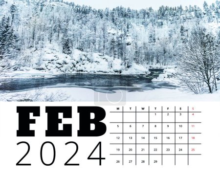 Foto de Imprimir plantilla de calendario 2024 mes de febrero con ilustración del paisaje natural de Noruega. Diseño de cepilladora para uso personal y empresarial - Imagen libre de derechos