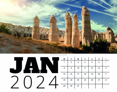 Foto de Imprimir plantilla de calendario 2024 mes de enero con Capadocia valle del amor ilustración del paisaje de la naturaleza. Diseño de cepilladora para uso empresarial - Imagen libre de derechos