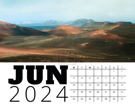 Photo for Print calendar template 2024 june month with Lanzarote volcano Timanfaya nature landscape illustration. Planer design for personal and business - Royalty Free Image