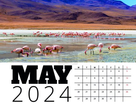 Foto de Imprimir plantilla de calendario 2024 mayo mes con ilustración del paisaje natural de la Reserva Nacional Eduardo Avaroa de la Fauna Andina. Diseño de cepilladora - Imagen libre de derechos