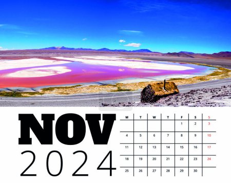 Téléchargez les photos : Imprimer le modèle de calendrier 2024 mois de novembre avec Eduardo Avaroa Réserve nationale de faune andine illustration de paysage naturel. Conception de raboteuse - en image libre de droit