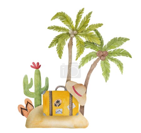 Téléchargez les photos : Aquarelle tropicale d'été Mexique avec palmiers, cactus et plage pour carte postale. Paradis de vacances exotiques - en image libre de droit