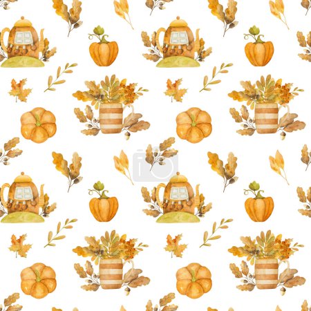 Photo for Autumn leaves in kettle house with pumpkin watercolor drawing seamless pattern. Fall season foliage aquarelle painting - Royalty Free Image