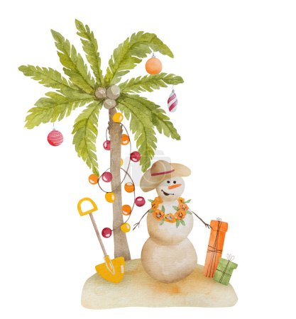 Téléchargez les photos : Caraïbes joyeux Noël aquarelle peinture avec bonhomme de neige, palmiers arbre de Noël et guirlande. Plage tropicale nouvelle carte postale de l'année - en image libre de droit