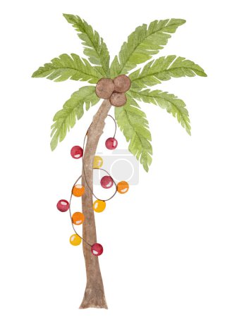 Foto de Caribe Feliz Navidad acuarela pintura con palmeras árbol de Navidad, cactus y sombrero de Santa. Postal de Año Nuevo Tropical Beach - Imagen libre de derechos
