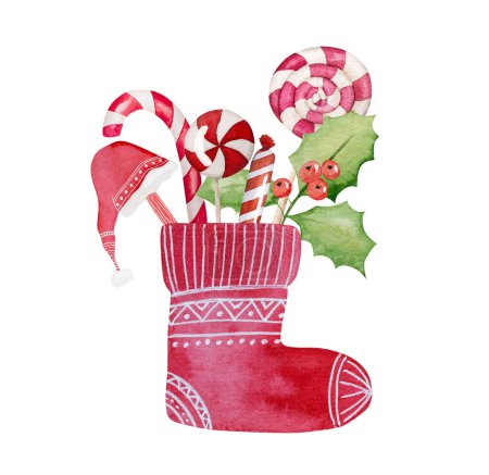 Téléchargez les photos : Chaussettes traditionnelles rouges de Noël avec des cadeaux aquarelle peinture. Noël festif et vêtements de Nouvel An avec sucettes et chapeau de Père Noël pour les cadeaux - en image libre de droit