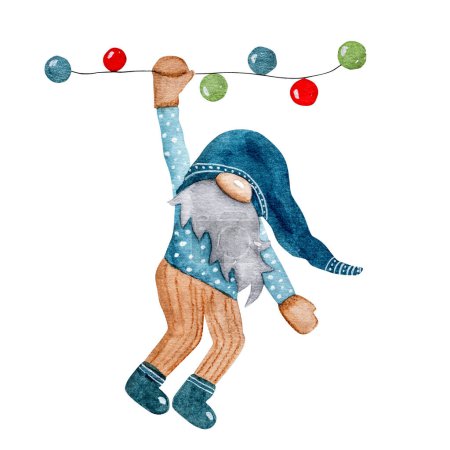 Foto de Acuarela Ilustración de un gnomo de Navidad en estilo escandinavo colgando de la guirnalda - Imagen libre de derechos