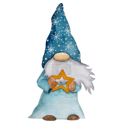 Foto de Ilustración de acuarela de un gnomo de Navidad en estilo escandinavo, celebración de una estrella, trae alegría festiva de año nuevo - Imagen libre de derechos