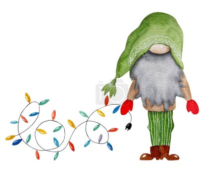 Foto de Ilustración de acuarela de un gnomo de Navidad en estilo escandinavo, sosteniendo una guirnalda festiva - Imagen libre de derechos