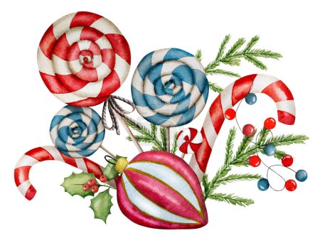 Foto de La ilustración de la acuarela exhibe la bola de Navidad, las decoraciones del año nuevo, los caramelos, y las ramas del abeto - Imagen libre de derechos
