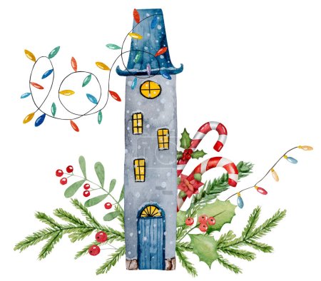Téléchargez les photos : Ancien chalet avec décorations de Noël en hiver est une peinture à l'aquarelle dessinée à la main - en image libre de droit