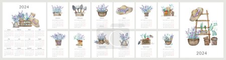 Téléchargez les photos : Illustrations à l'aquarelle à la main de lavande de Provence dans le calendrier 2024 pour 12 mois - en image libre de droit