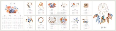 Téléchargez les photos : Illustrations faites à la main de Boho d'aquarelle D'entité dans le calendrier 2024 s'étendant 12 mois - en image libre de droit