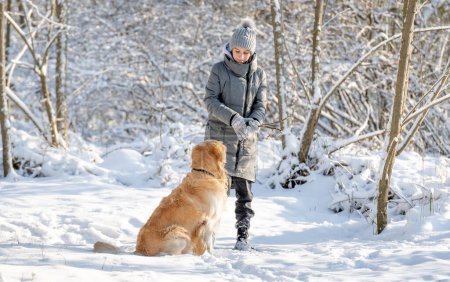 Téléchargez les photos : Fille, Adolescent, Et Golden Retriever Jouez joyeusement avec la neige dans la forêt d'hiver - en image libre de droit
